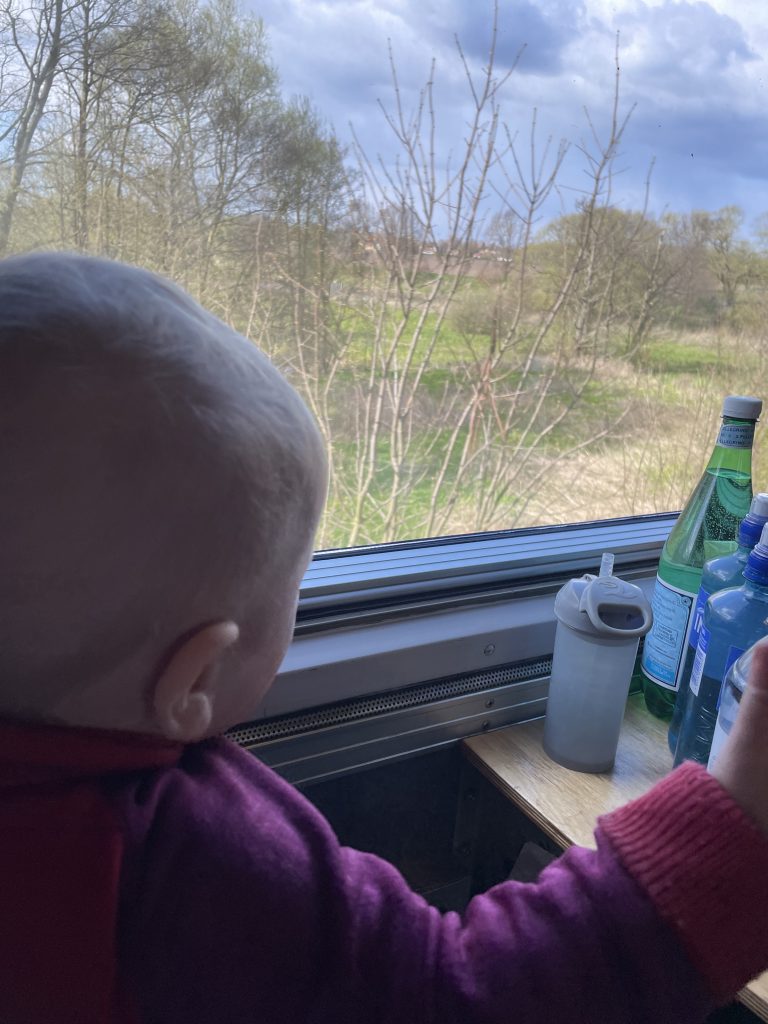 Baby looking out of train window. Photo. 